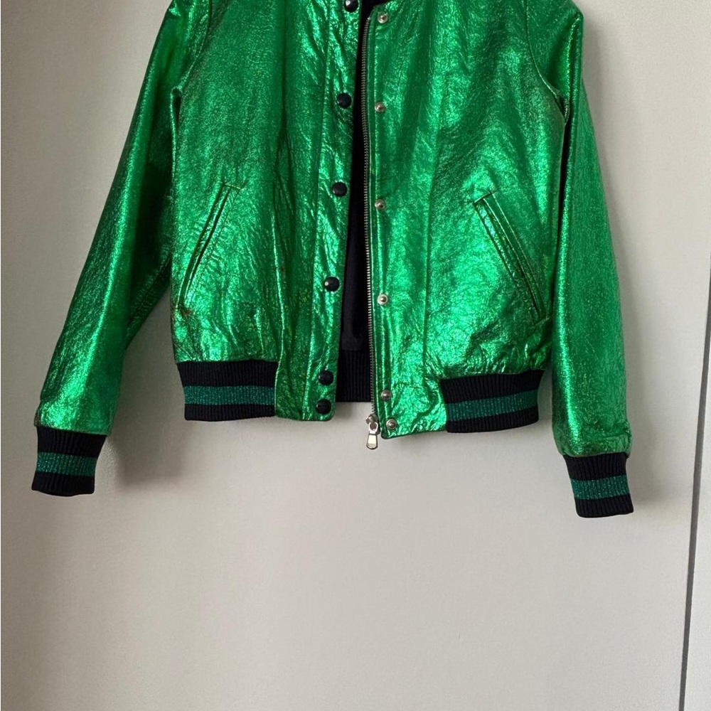 Bonpoint Green Metallic Leather Bomber Jacket